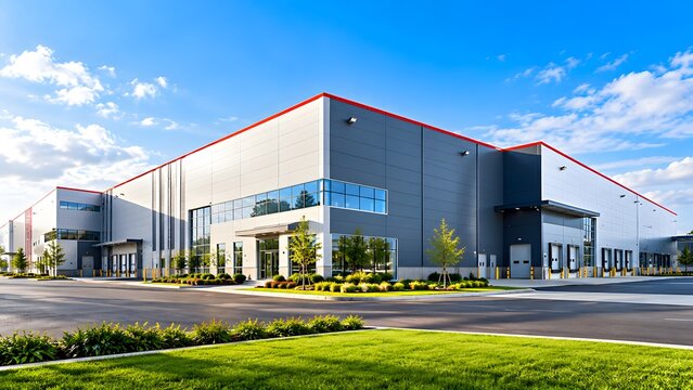 Exterior of a modern warehouse building with loading docks under blue sky. Concept of global supply chain and commercial real estate infrastructure.