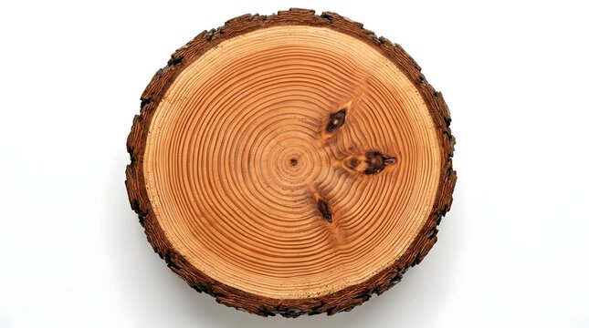 Cross Section of Tree Stump and Trunk Isolated on White Background Showing Natural Wood Rings, Bark Texture, Annual Growth Patterns and Rustic Timber Detail