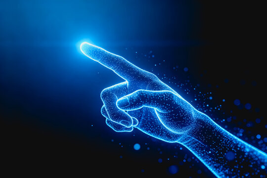 A glowing digital wireframe hand points forward, representing virtual interaction and modern tech concepts.