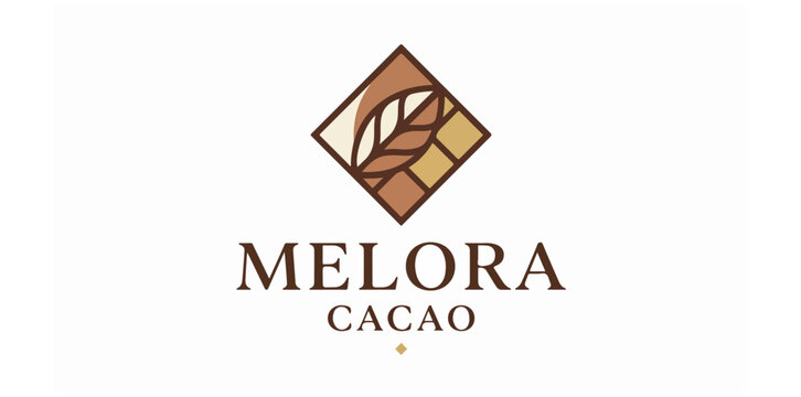 Minimalist cocoa brand logo featuring a stylized leaf and geometric patterns in warm brown tones