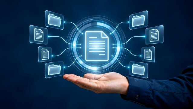 Hand holding a futuristic digital document network interface symbolizing enterprise file sharing and cloud computing
