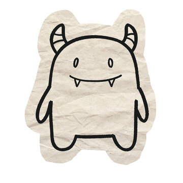 Cute Hand Drawn Black Monster Sketch on Crumpled Paper Background. Ideal for Journaling, Scrapbook, Decoration, Craft or Creative Project.