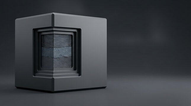 Abstract 3D cube with layered geological core on a dark grey