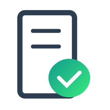 Document white with green check mark icon symbol for file completed or approved