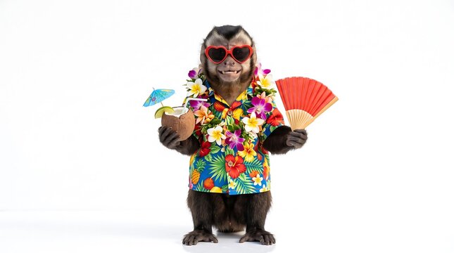 Funny capuchin monkey wearing hawaiian shirt and heart sunglasses