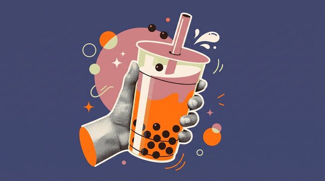 Hand holding a refreshing bubble tea drink with tapioca pearls in a