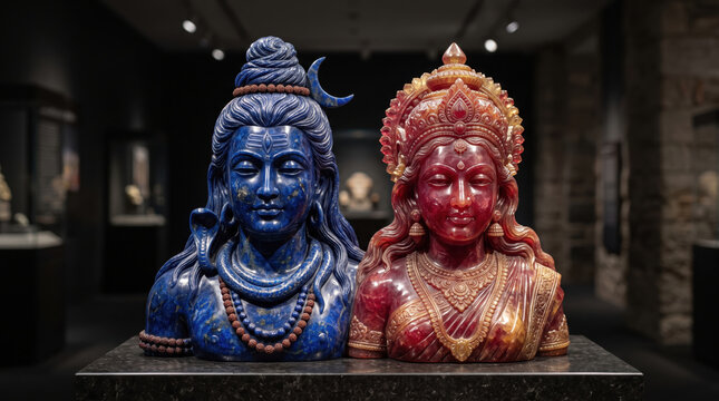 Sapphire and ruby Shiva and Maa Durga sculpture with crystalline stone textures, intricate carving and dramatic museum lighting