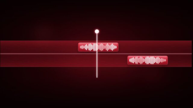 A digital audio workstation interface displays a red timeline with active waveform tracks and a playhead marker moving across the media software screen during a video editing session