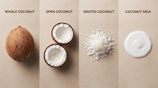 Different Stages of Coconut Processing Including Whole Nut Open Shell Grated Meat and Fresh Milk
