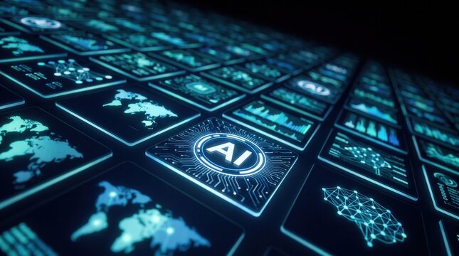 Artificial intelligence and machine learning technology with AI logo on glowing digital grid, featuring world maps and data visualizations for global connectivity and future tech marketing.