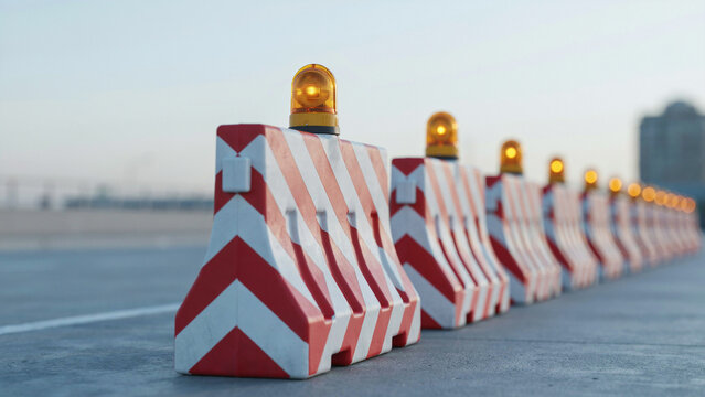 row of red and white road barriers with flashing lights