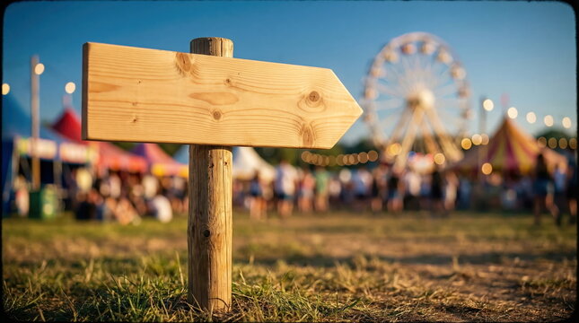 Blank wooden arrow signpost on grass at funfair with ferris wheel and tents at sunset, event directions concept with copy space