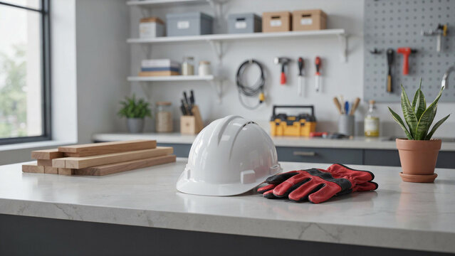 white hard hat and work gloves on workshop table