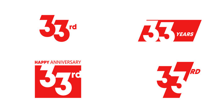 33rd Happy Anniversary logo collection with bold red typography and modern geometric number designs. Creative design template for celebration, birthday, greeting and invitation.