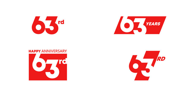 63rd Happy Anniversary logo collection with bold red typography and modern geometric number designs. Creative design template for celebration, birthday, greeting and invitation.