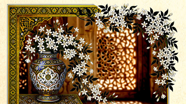 Ceramic Vase with White Jasmine and Islamic Arabesque Border