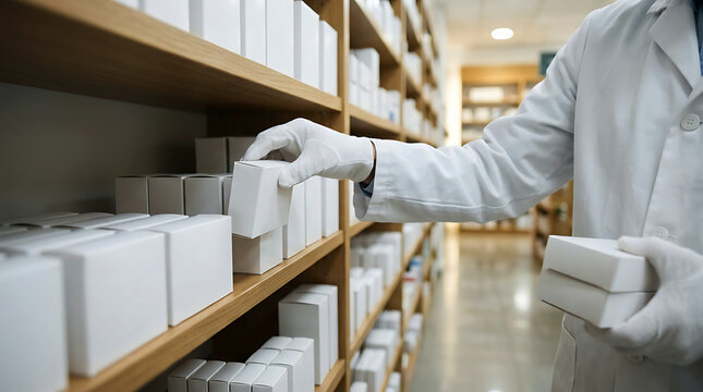 Pharmacist in white lab coat and gloves organizing medical boxes on pharmacy shelf