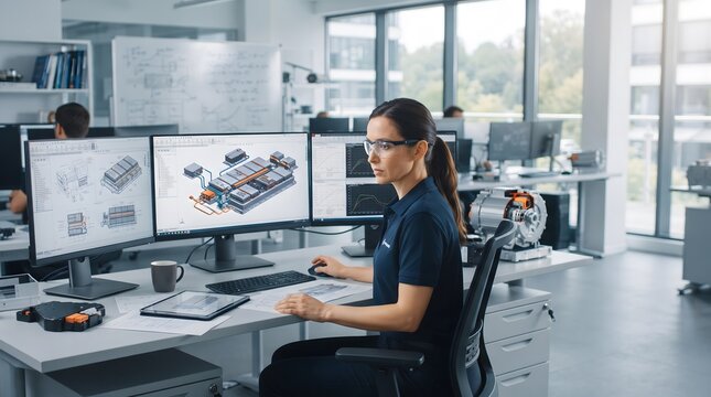 Automotive engineer designing an electric vehicle battery pack with 3D CAD software