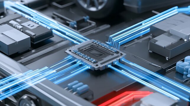 Close up of a central processing unit with glowing blue data streams connecting to surrounding electronic components on a circuit board