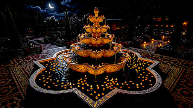 Tiered Mughal Fountain with Floating Diyas in Night Courtyard