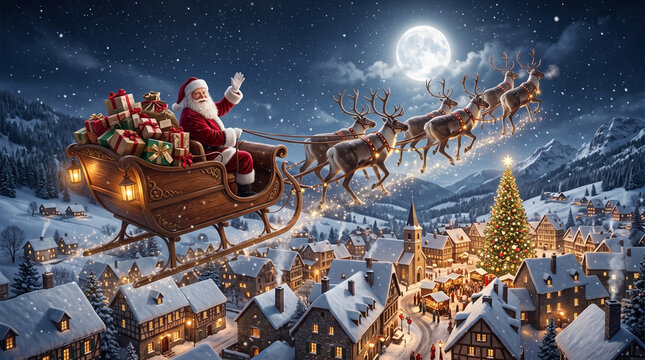 Santa claus flying in his reindeer sleigh over a snowy village