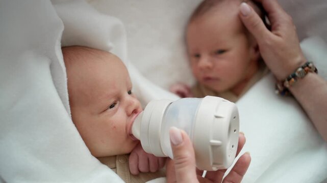 Mom Feeding One Of The Newborn Twins With A Bottle In The Crib