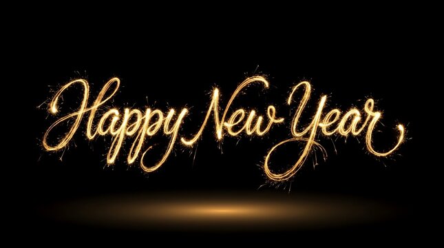 Happy new year text written in glowing golden sparkle light effect