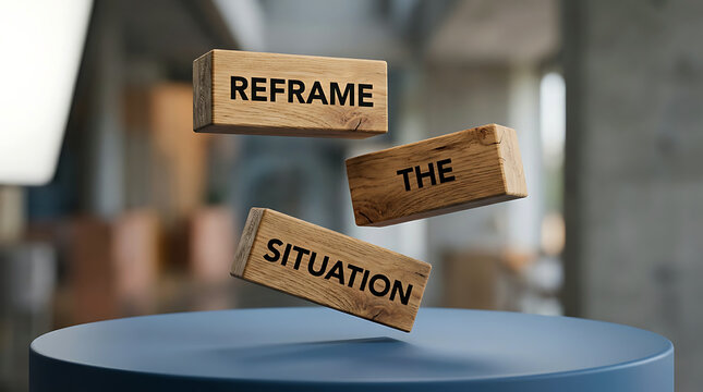 Floating wooden blocks with message reframe the situation on a blue podium