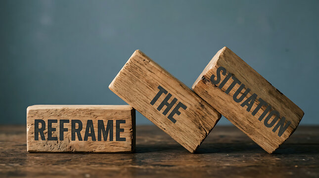 Wooden blocks spelling reframe the situation on a wooden table concept