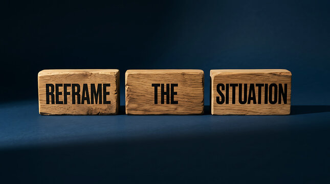 Wooden blocks with the phrase reframe the situation on a dark blue background