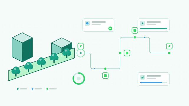 Animated green corridor planning zone links visualised as a process flow in a modern flat vector style. Smooth looping 4K motion graphic with soft teal and turquoise colours, floating interface cards 