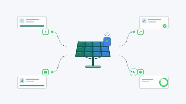 Animated renewable asset monitoring site visualised as a central hub in a modern flat vector style. Smooth looping 4K motion graphic with soft blue and azure colours, floating interface cards and flow