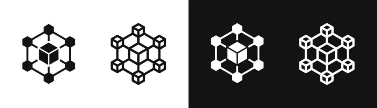 Blockchain network cube node icons vector set on black and white background