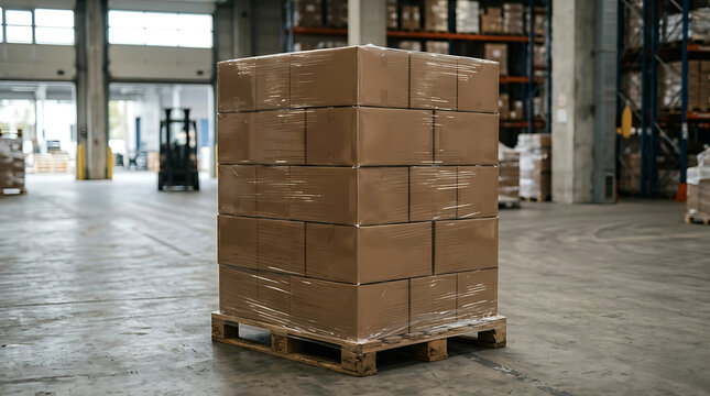 Shrink wrapped cardboard boxes stacked neatly on a wooden pallet in warehouse