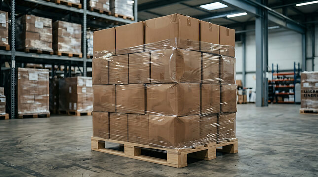 Wrapped cardboard boxes stacked securely on wooden pallet in a large warehouse