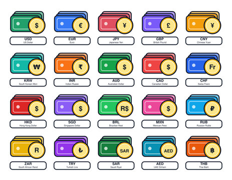 Major World Currencies Vector Icon Set