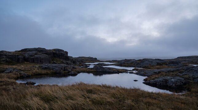 Fictional basalt tableland pools at blue hour