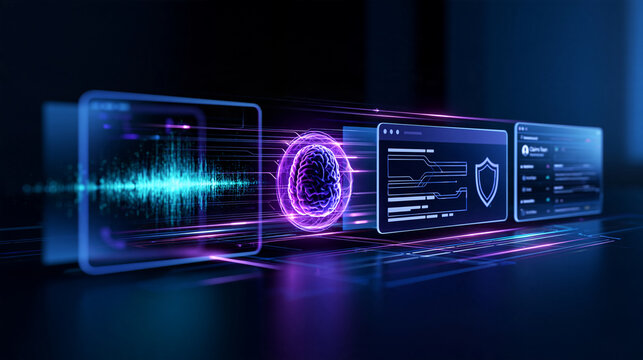 Premium enterprise AI insurance visual, wide horizontal composition flowing left to right: a glowing cyan sound waveform emerging from an abstract glass phone-call panel on the lef