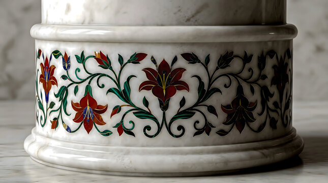 Pietra Dura Floral Marble Inlay on Column Pedestal Base