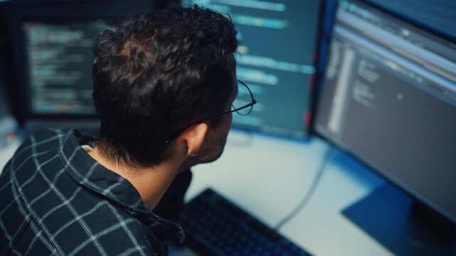 Focused caucasian software engineer works overtime late at night in modern tech office. Artificial intelligence, Dedicated freelance strategy, Database server debugging, Cybersecurity cloud concept.