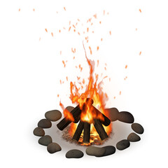 Burning campfire with teepee logs inside stone ring isolated on transparent background © Bishajit