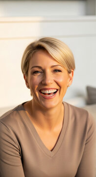 Woman smiling with short blonde hair and warm lighting, symbolizing joy, happiness, and positive emotion, suitable for lifestyle concepts