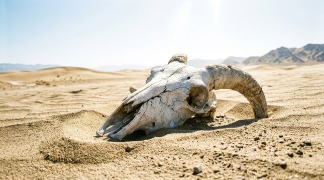 Detailed close-up of a bleached animal skull with large horns lying in the hot sand of a vast desert landscape under a bright sun, symbolizing drought, mortality, and a harsh natural environment.