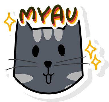 Cute black cat character sticker with meow sound in different languages, funny kitty face illustration element for journal and planner