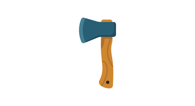 A flat style hand axe with a blue blade and wooden handle is shown on a white background