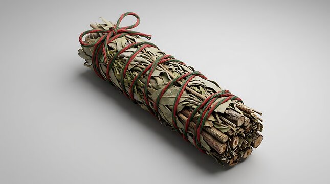 Sage bundle tied securely with red string on a white table.
