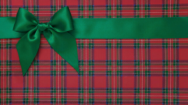 Red and green Christmas tartan pattern background with green satin ribbon and bow. 