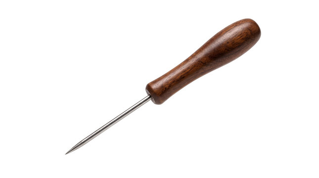 Professional leathercraft awl with polished wooden handle, sharp metal scratch awl for sewing and bookbinding, isolated tool on white background