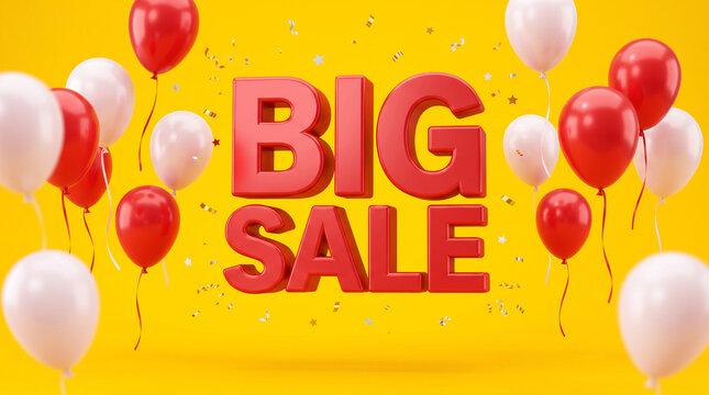 Red and white balloons float around large red 3D text proclaiming "BIG SALE" amid confetti, symbolizing a festive shopping event.