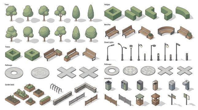 Isometric park elements include trees, benches, hedges, and walking paths.